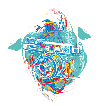 Travel tattoo and t-shirt design. Vintage camera summer adventure creative artのイラスト素材