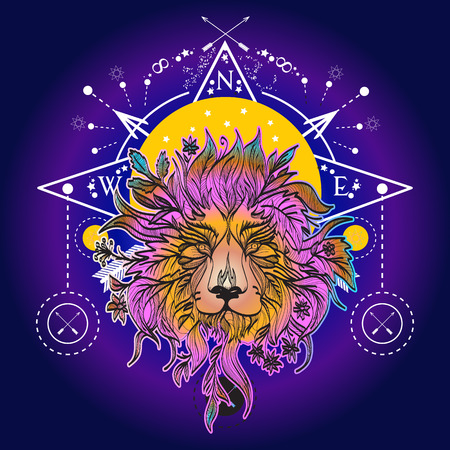 Medieval mystic lion tattoo art. Alchemy, religion, spirituality, occultism, tattoo lion art and t-shirt designのイラスト素材