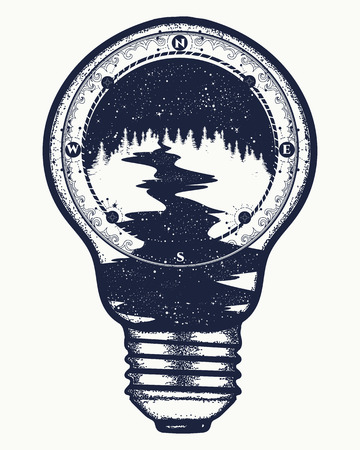Star river flows from the compass in a lightbulb tattoo art, travel symbol, tourism. Antique compass and stellar river t-shirt design, surreal graphics, boho style tattooのイラスト素材