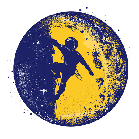 Astronaut color retro tattoo and t-shirt design. Astronaut on the moon. Spaceman new planets retro poster. Research symbol space, Universe. Brave astronaut at the spacewalk on the moon color tattooのイラスト素材
