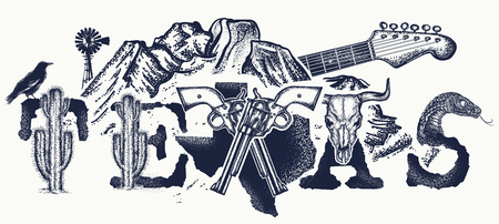 Texas tattoo and t-shirt design. Texas slogan. Mountains, revolvers, skull bison, cactus, guitar. American art. USA art, Symbol of prairies, wild west, blues music tattooのイラスト素材