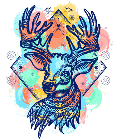 Deer color tattoo and t-shirt design. Christmas reindeer. Symbol of winter, new year, Christmas. Beautiful reindeer portrait water color splashes tattoo artのイラスト素材