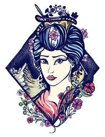Geisha tattoo and t-shirt design. Symbol of Asia, Japan, China. Portrait of Maiko geisha tattoo artのイラスト素材