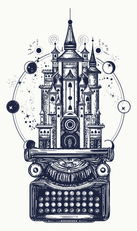 Typewriter and magic castle tattoo.のイラスト素材