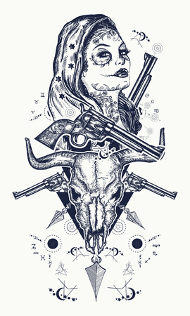 Mexican criminal tattoo and t-shirt design. Wild west woman, bull skull, revolvers, crossed arrows tattoo. Santa muerte girl. Santa Muerte Mexican woman, old revolvers, crime scene.のイラスト素材