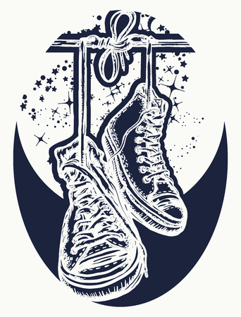 Magic sneakers hanging from electrical wire tattoo and t-shirt design. Symbol of freedom, street culture, graffiti, street art. Sneakers on wires in spaceのイラスト素材