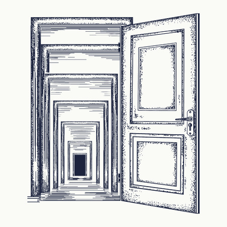Door recursion. Psychological illustration. Symbol of infinite repetition, subconsciousness. Magic door recursion effect tattoo and t-shirt designのイラスト素材