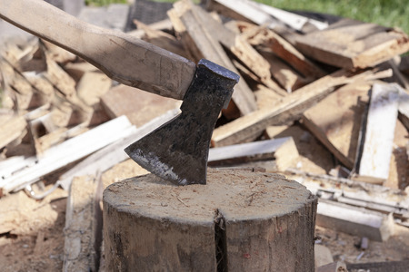 Cut logs wood and old ax