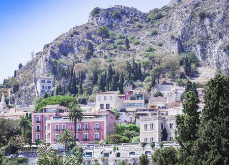 View of the old buildings in Taormina, Sicily, Italyの写真素材