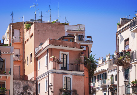 View of old street, ancient buildings in Taormina, Sicily, Italyのeditorial素材