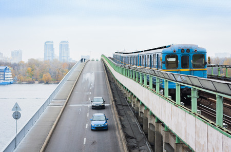 Train on the metro bridge in Kiev, Ukraineの写真素材