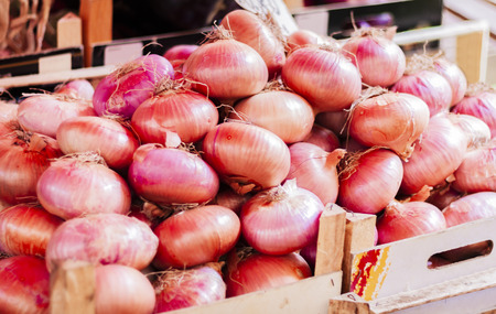Ripe onion in the fruit market, Catania, Sicily, Italyの写真素材