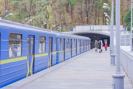 Kiev, Ukraine: train on metro subway bridgeの写真素材
