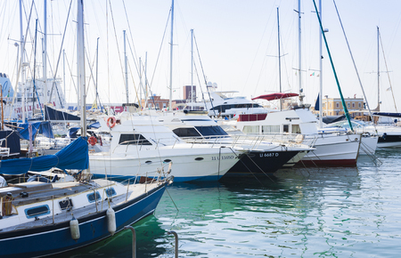 Catania, Sicily, Italy - august 14, 2018: harbor with fisher boats and yachtsのeditorial素材
