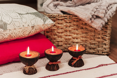 Burning spa aroma candles, pillows and wrapの写真素材
