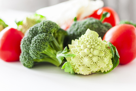 Vegetable variety on wooden white table.の写真素材