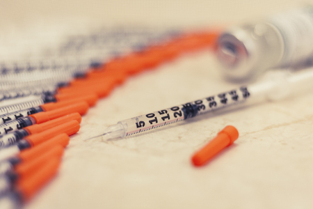 Pile of medical syringes for insulin for diabetes.の写真素材