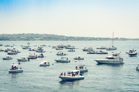 Syracuse, Sicily, Italy â august 12, 2018: sail boats and pleasure boats in old port, seafront of Ortygia (Ortigia) Islandのeditorial素材