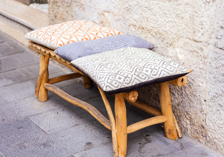 wooden bench with catania, Sicily, Italyの写真素材