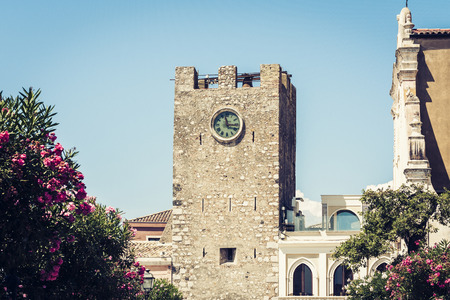 Tower on the famous Square IX Aprile in Taormina, Sicily, Italyのeditorial素材