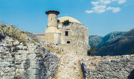 Ruins of an ancient fortress in the mountains near Borsh, Albaniaの写真素材