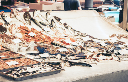Fresh fish and seafood for sale in the fish market of Catania, Sicily, Italy