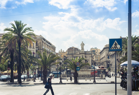 Catania, Sicily â august 14, 2018: people walk on historical street of the city, travel to Italyのeditorial素材