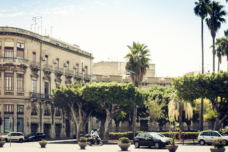 View of old street, facades of ancient buildings in Syracuse, Sicily, Italyのeditorial素材