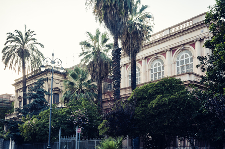 Beautiful cityscape of Italy, historical street of Catania, Sicily, facade of old buildingsのeditorial素材
