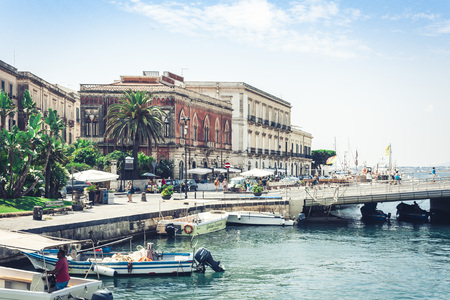 Syracuse, Sicily, Italy â august 12, 2018: sail boats and pleasure boats in old port, seafront of Ortygia (Ortigia) Island.のeditorial素材