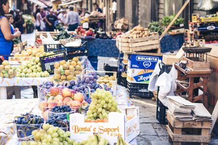 Catania, Sicily, Italy â august 11, 2018: various colorful fresh fruits in the fruit marketのeditorial素材