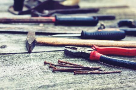Set of vintage hand construction tools, retro conceptの写真素材