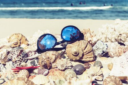 Sunglasses, seashells, sea stars, coral and stones on the sand, summer beach background travel...