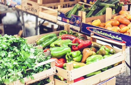 Catania, Sicily â august 13, 2018: Various colorful fresh vegetables and greens in the fruit marketのeditorial素材