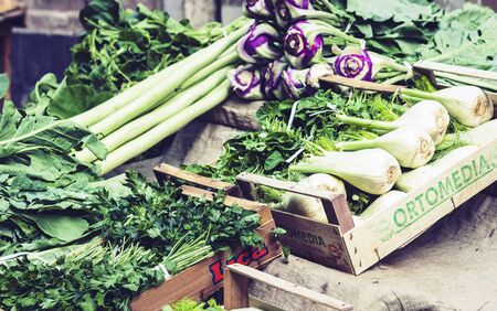 Catania, Sicily â august 13, 2018: Various colorful fresh greens in the fruit marketのeditorial素材