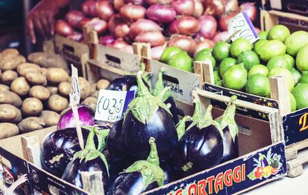 Catania, Sicily â august 11, 2018: Various colorful fresh vegetables in the fruit marketの写真素材