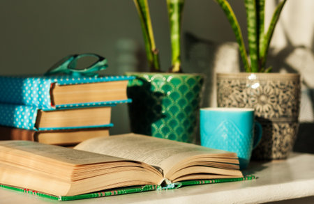 Distance home education: pile of books in colorful covers, glasses, cup of tea and Sansevieria (snake plant) in ceramic pots on a white table on the background of a bed with decorative pillows.の写真素材