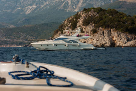 sea trip on a motor boat along the Adriatic coast near Budva, Montenegro, Europeの写真素材