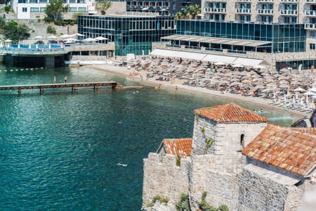 Panoramic cityscape of The Old Town of Budva, Montenegro, beautiful top view of Adriatic Sea and the Balkan Mountainsの写真素材
