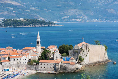 Panoramic cityscape of The Old Town of Budva, Montenegro, beautiful top view of Adriatic Sea and the Balkan Mountainsの写真素材