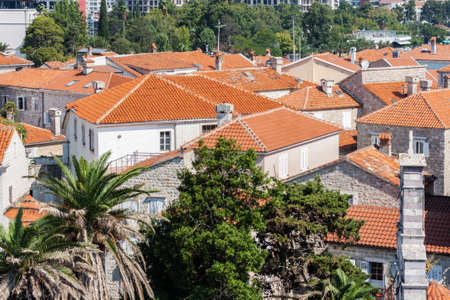 Panoramic cityscape of The Old Town of Budva, Montenegro, beautiful top view of Adriatic Sea and the Balkan Mountainsの写真素材