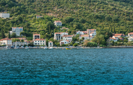 Bay of Kotor, view from the sea to the old town of Herceg Novi in Montenegro, Europe, Adriatic Sea and mountainsの写真素材