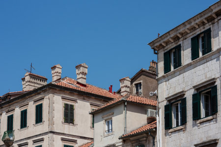 Ancient street, historical building in the old town of Kotor, Montenegro, Europe, Adriatic sea and mountainsの写真素材