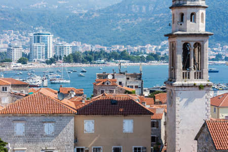 Panoramic cityscape of The Old Town of Budva, Montenegro, beautiful top view of Adriatic Sea and the Balkan Mountainsの写真素材