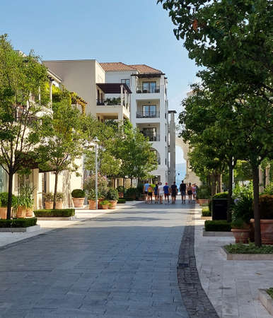 promenade street on seafront of Porto Montenegro, the famous port in the city of Tivat, the capital of Montenegro, Europeの写真素材