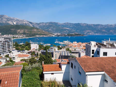 Panoramic cityscape of The Old Town of Budva, Montenegro, beautiful top view of Adriatic Sea and the Balkan Mountainsの写真素材