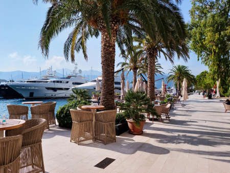 promenade street on seafront of Porto Montenegro, the famous port in the city of Tivat, the capital of Montenegro, Europeの写真素材