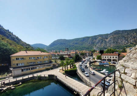Kotor, Montenegro - August 17 2021: pier with boats and ships in the Bay of Kotor, Adriatic seaのeditorial素材