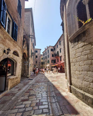 Kotor, Montenegro - August 17 2021: street of medieval walled old city, history Center of Kotorのeditorial素材
