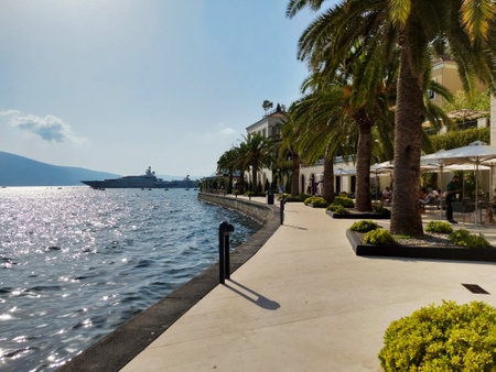 Porto Montenegro, Tivat, Montenegro - August 17 2021: promenade street on seafront of the famous portのeditorial素材